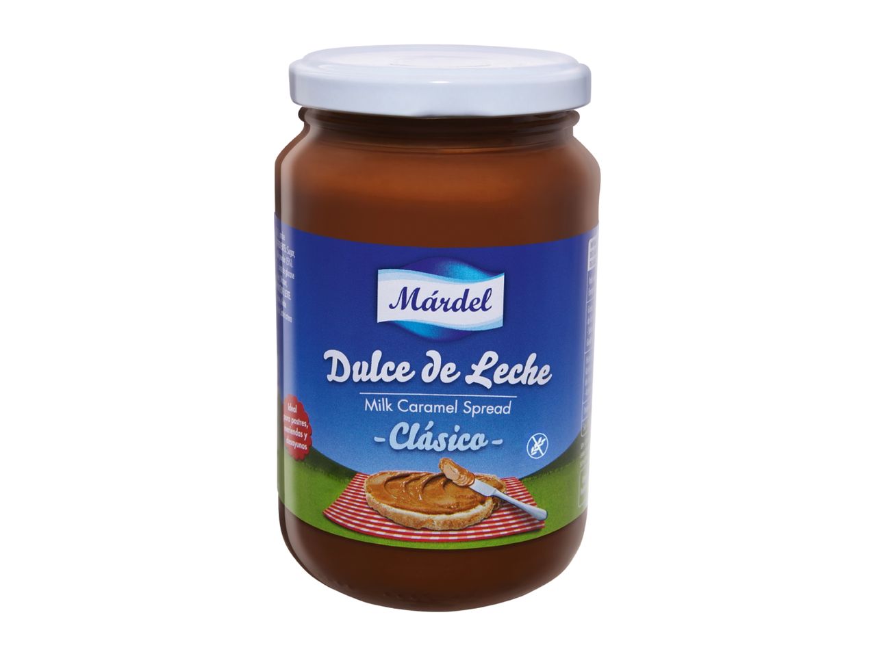 Jar of milk caramel spread, labeled 'Dulce de Leche Clásico', with a picture of toast.