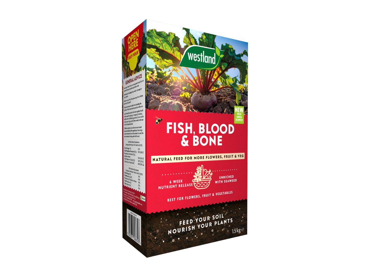 A box of natural fish, blood & bone fertilizer for flowers, fruit, and vegetables, 1.5kg.