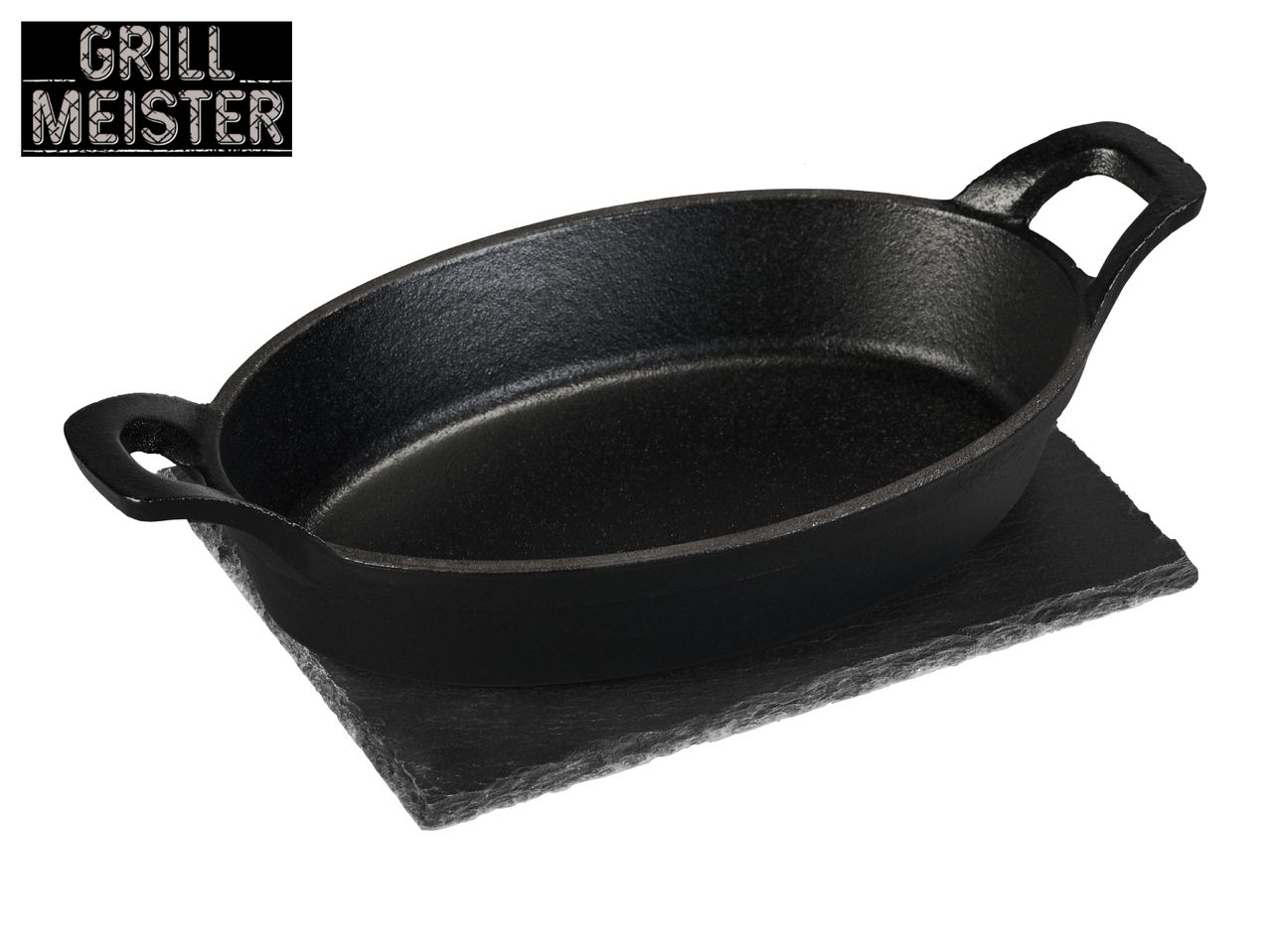 Cast iron oval serving dish on a slate board with 'GRILL MEISTER' text.