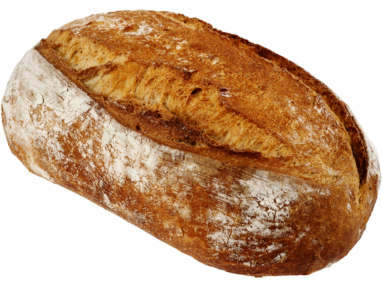 Deluxe White Sourdough loaf, dusted with flour, on a black background.