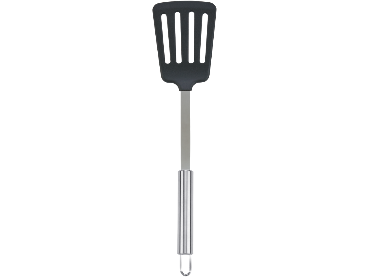 Spatule de cuisine noire avec manche en acier inoxydable.