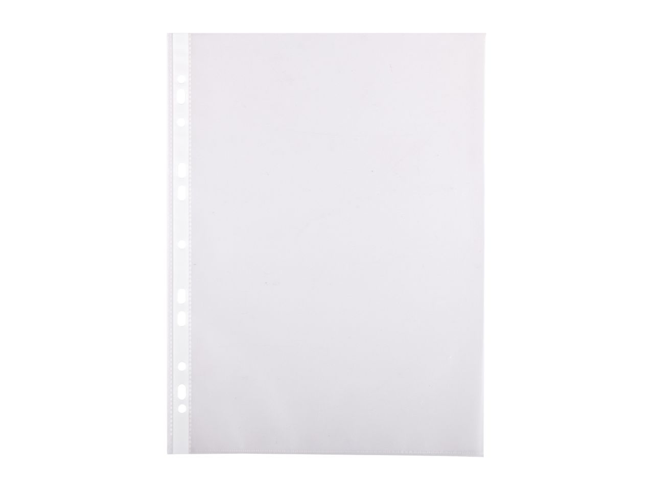 A clear plastic sheet protector with punched holes for a binder.