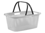Light grey plastic shopping basket with black handles, featuring a perforated design.