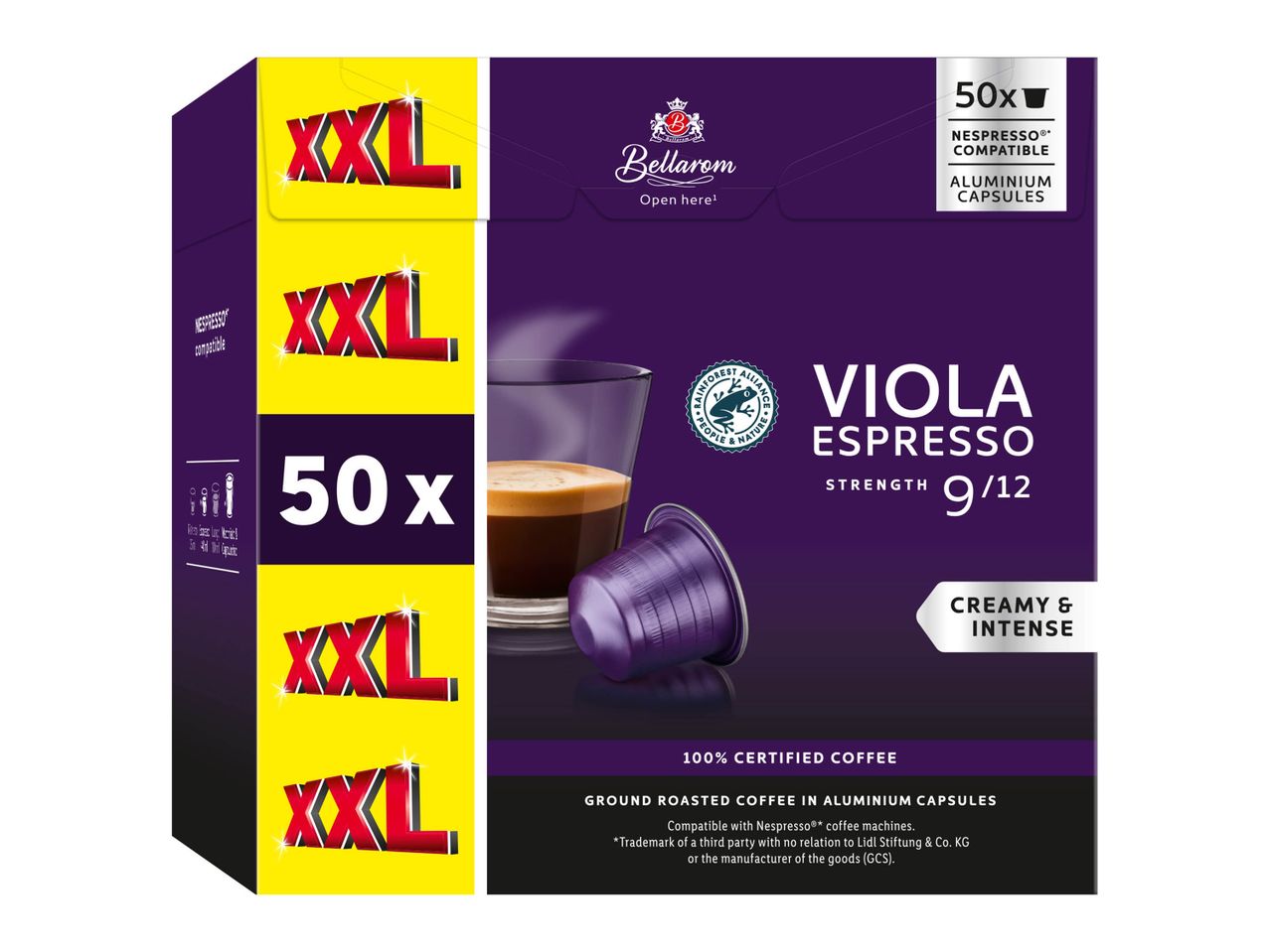 50 capsules Bellarom Viola Espresso, compatibles Nespresso.