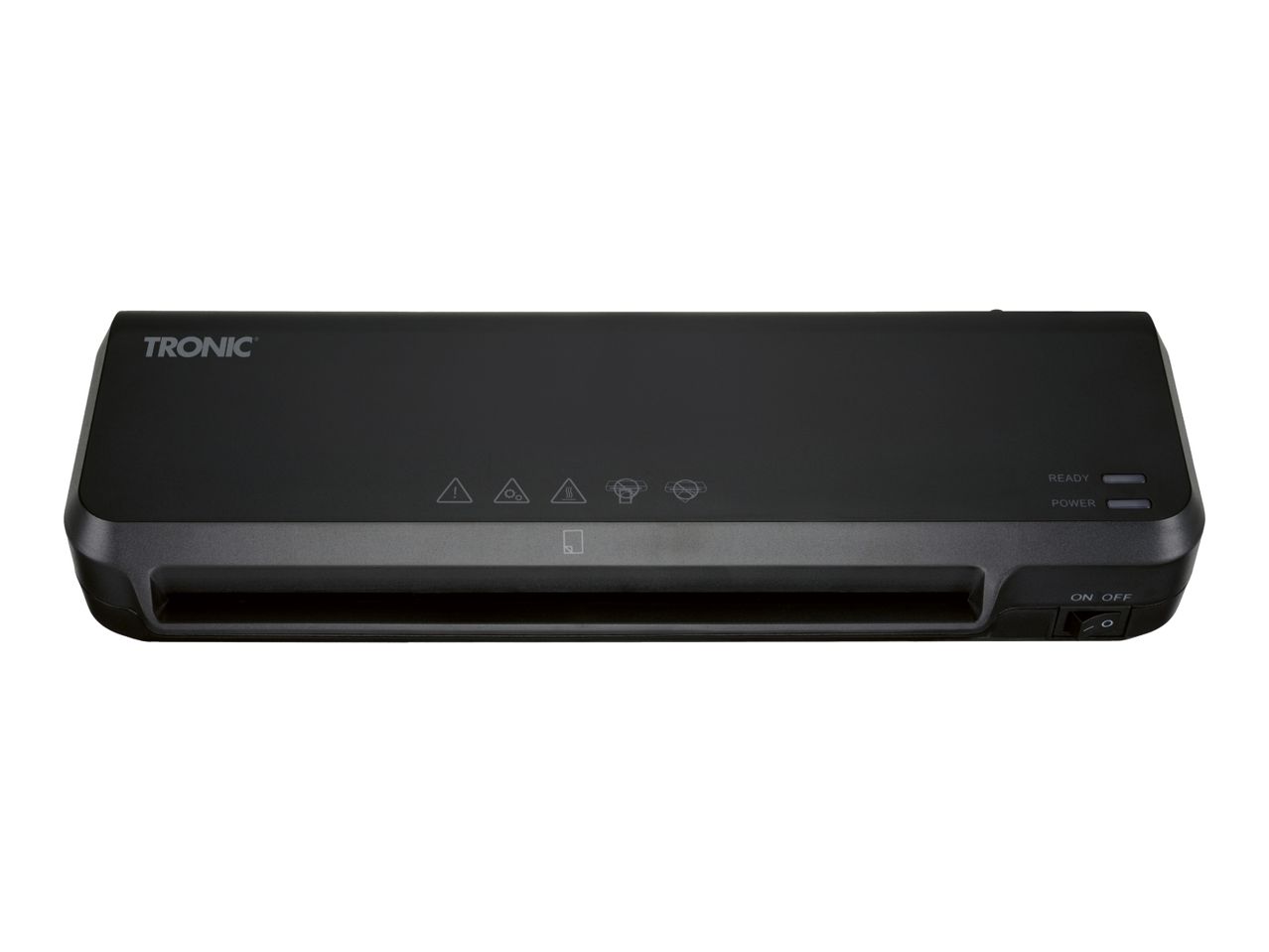Tronic black laminator with power and ready indicators, and an on/off switch.