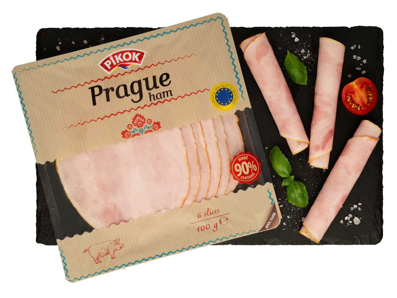 Pikok prágai sonka: szeletelt sonka csomagolásban, feltekert szeletekkel.