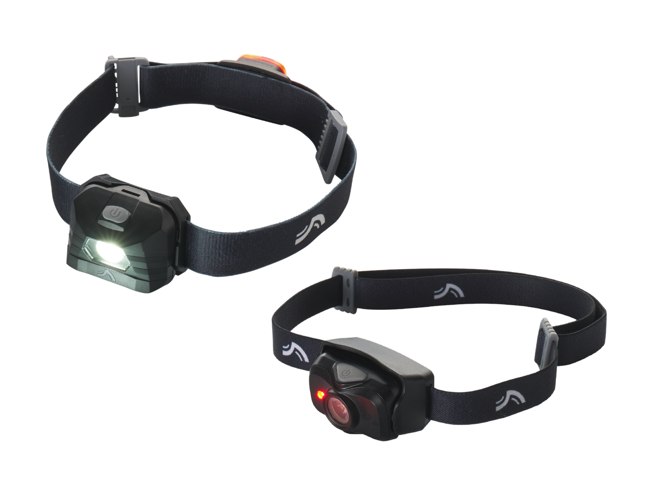 Dvije naglavne svjetiljke, jedna s bijelim svjetlom, druga s crvenim svjetlom.