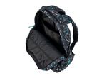 Open black backpack with skateboard and star patterns, showing interior compartments.