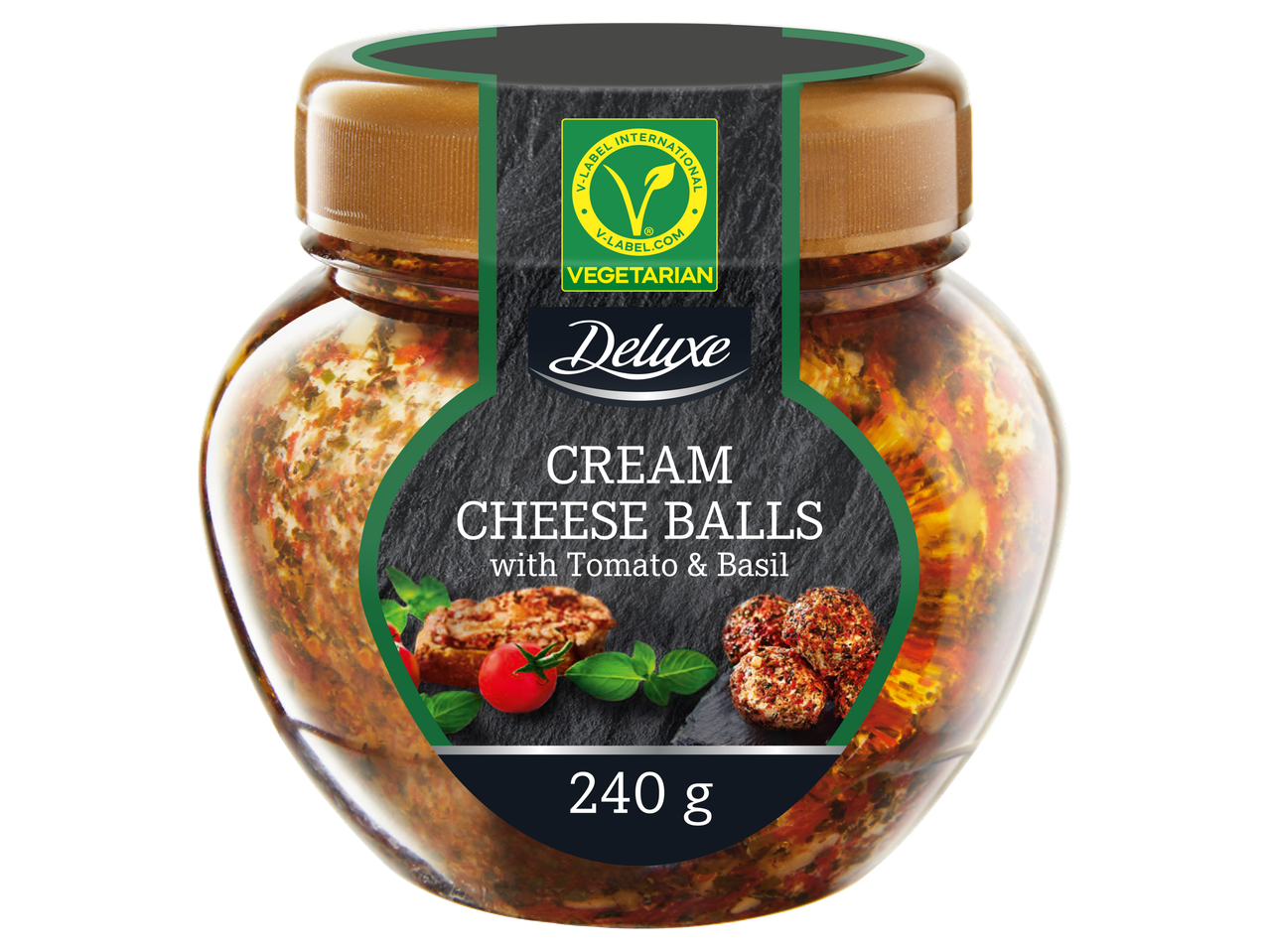 Deluxe biluțe de brânză cremoasă cu roșii și busuioc (240g), vegetariene.