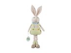 Easter bunny plush toy with a green overall and a 'Happy Easter' tag.