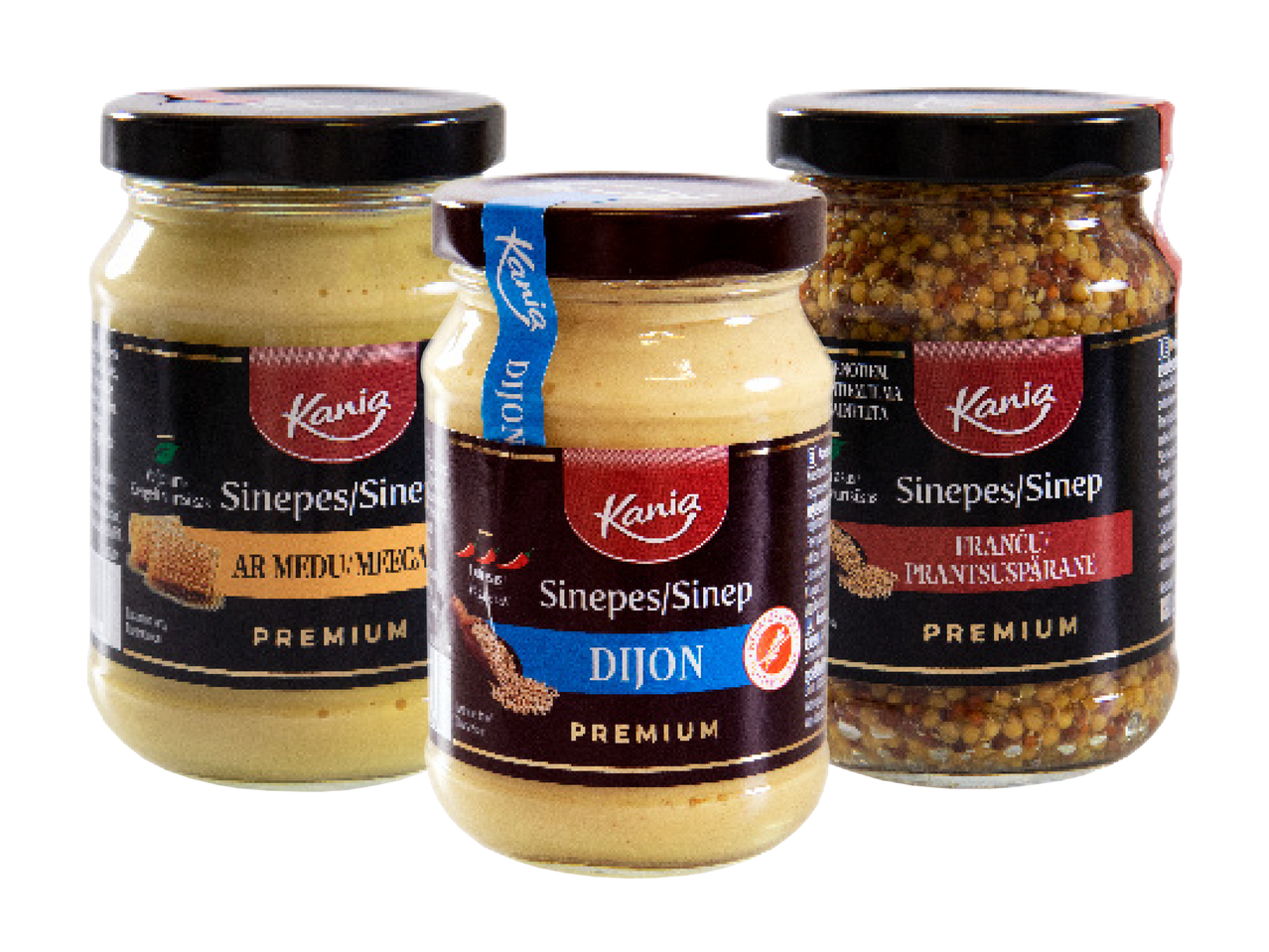 Kolm purki Kania sinepit: mee, Dijoni ja Prantsuse sinep.
