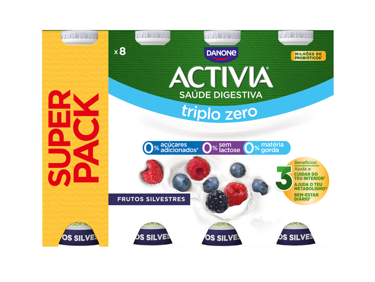 Embalagem de iogurtes de frutos silvestres, com 0% açúcares adicionados, lactose e matéria gorda.