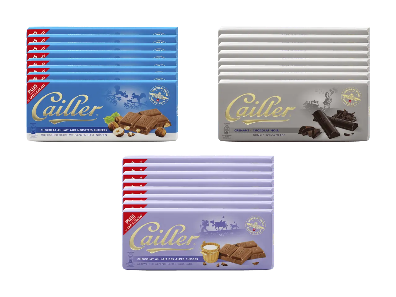 Trois piles de tablettes de chocolat Cailler : chocolat au lait aux noisettes, chocolat noir et chocolat au lait des Alpes.