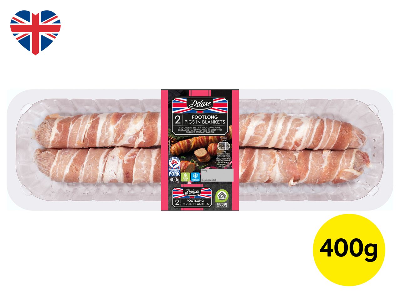 Deluxe 2 Footlong Pigs in Blankets, 400g, with a British flag heart icon.