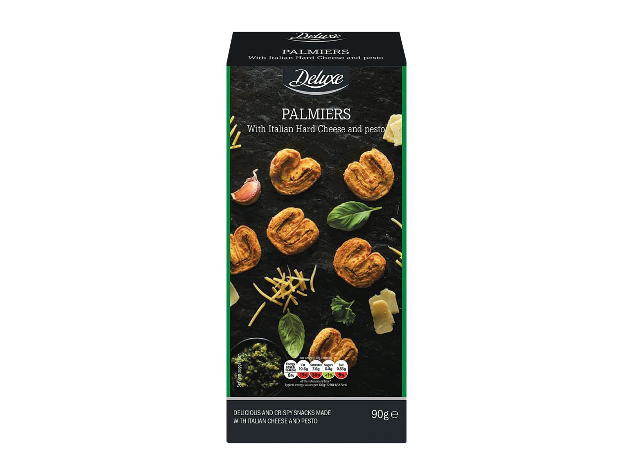 A box of Deluxe Palmiers with Italian Hard Cheese and pesto, featuring a display of the snacks and ingredients.