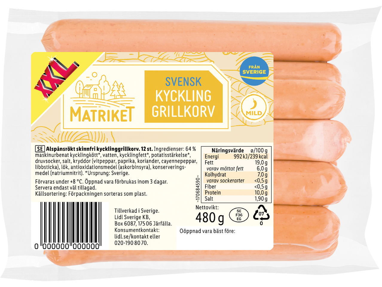Förpackning med Matrikets svenska kycklinggrillkorv (12 st).