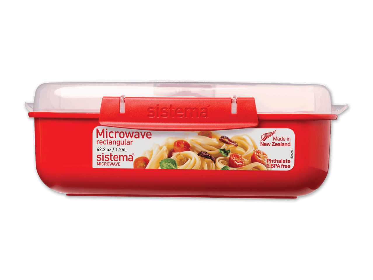 Rote rechteckige Sistema Mikrowellenbox mit Nudeln, Tomaten und Basilikum auf dem Etikett.
