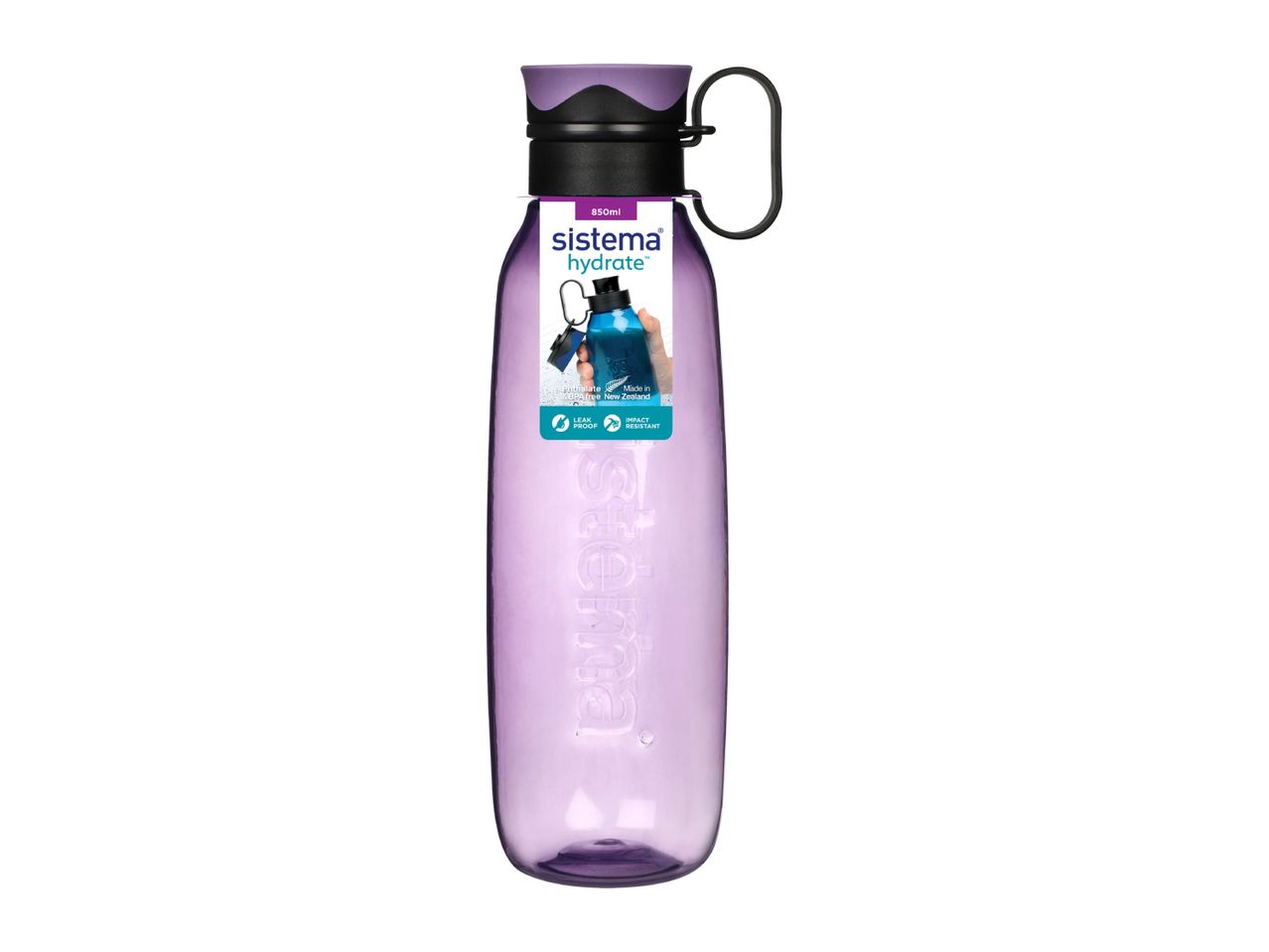 Purple 850ml reusable plastic water bottle with a black carrying loop and lid.