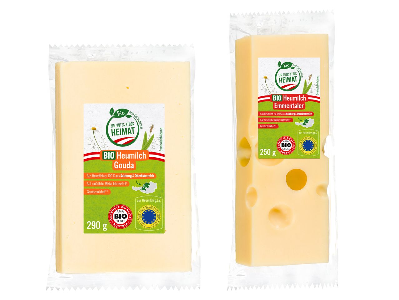 Zwei Packungen Bio-Heumilchkäse: Gouda und Emmentaler.