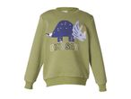 Green long-sleeved sweatshirt with a sequined dinosaur design and 'DINOSAUR' text.