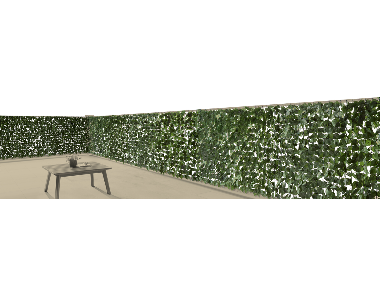 Artificial ivy privacy fence with a wooden table and potted plant on a patio.