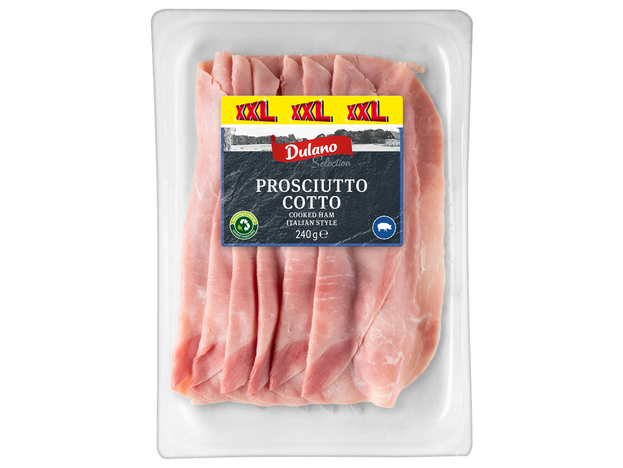 Prosciutto cotto Dulano Selection: felii de șuncă fiartă.