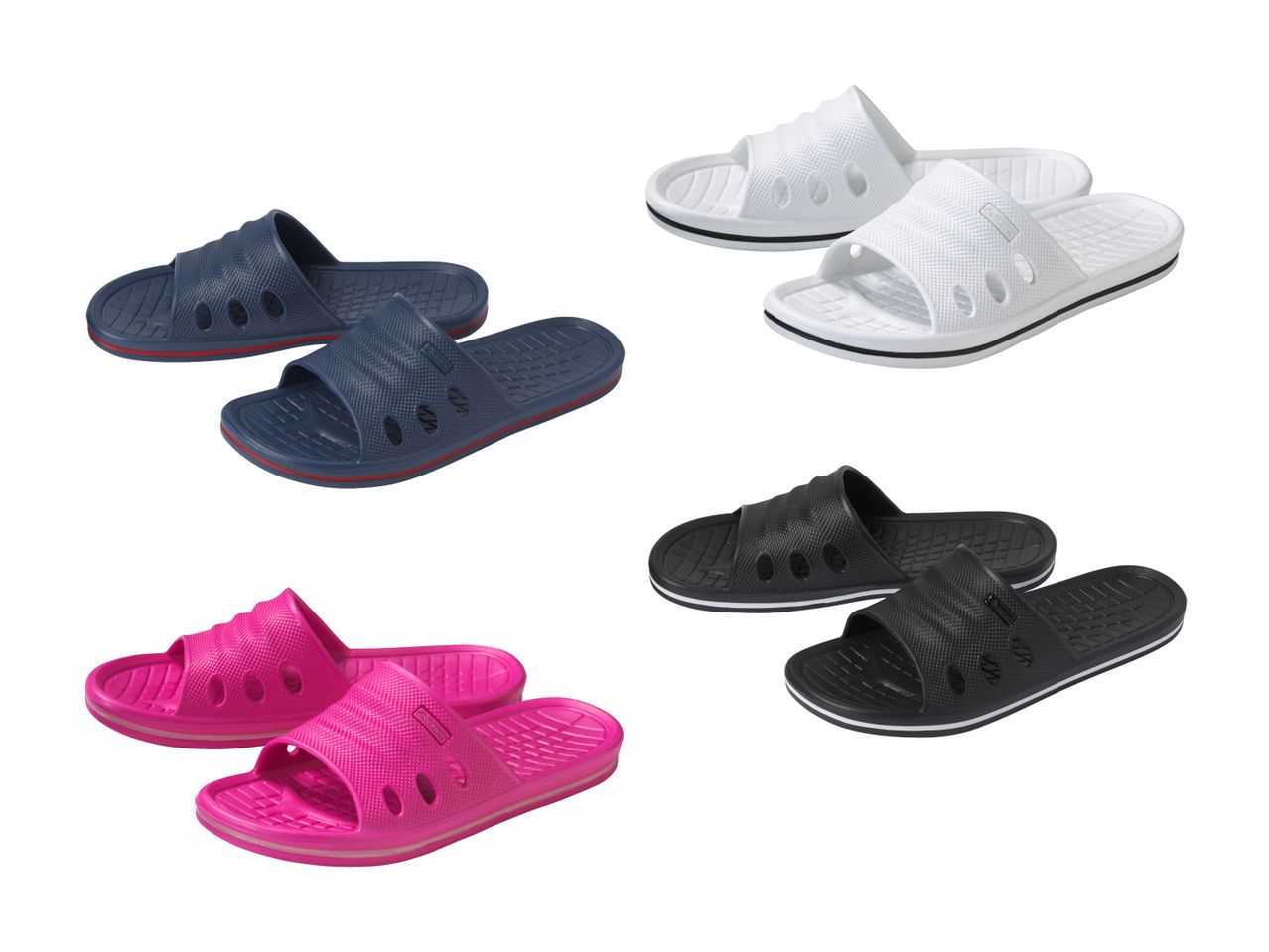 Quatre paires de claquettes de plage en plastique de couleurs différentes.
