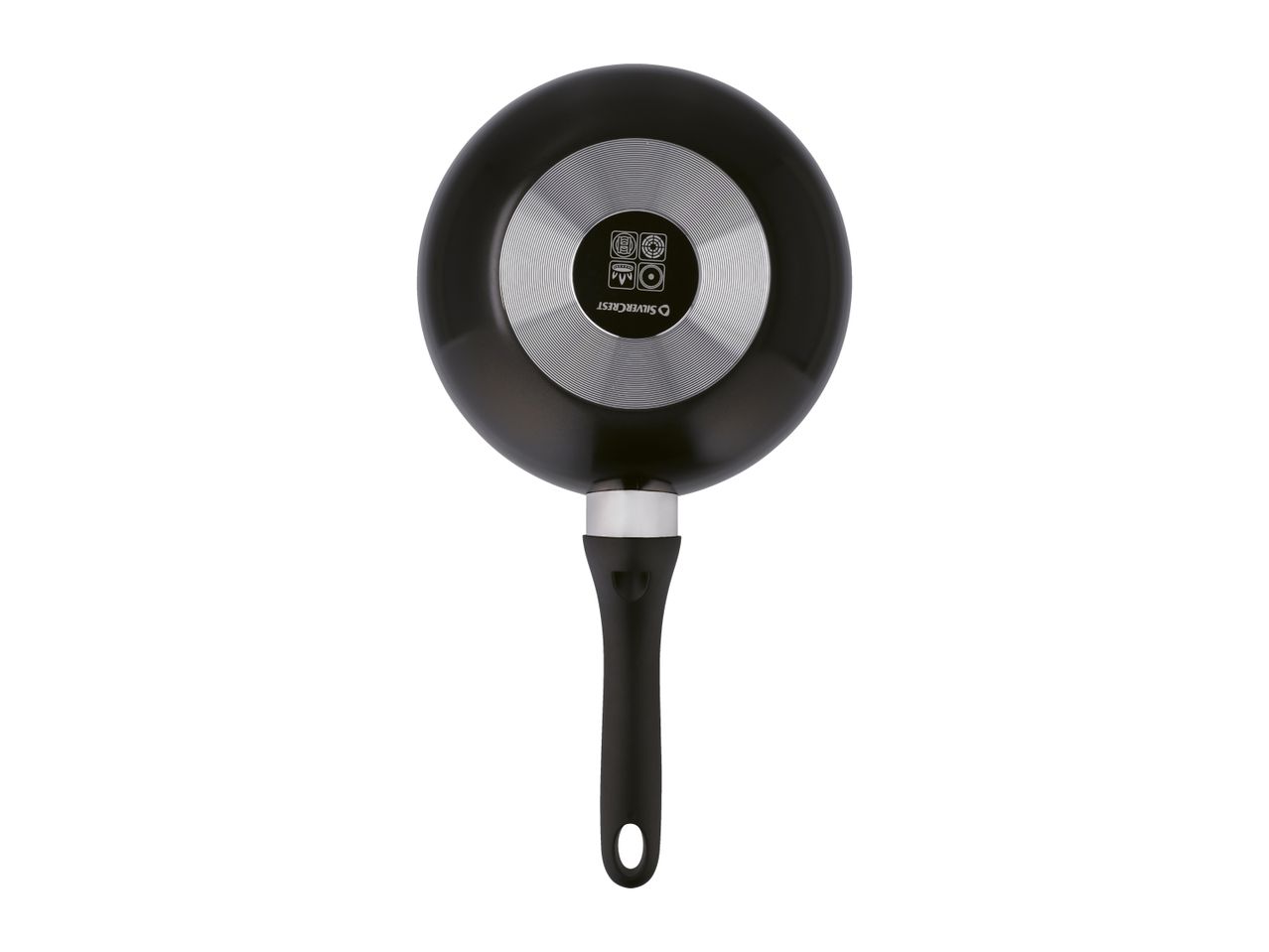 Bottom view of a black frying pan with a silver base and Silvercrest logo.