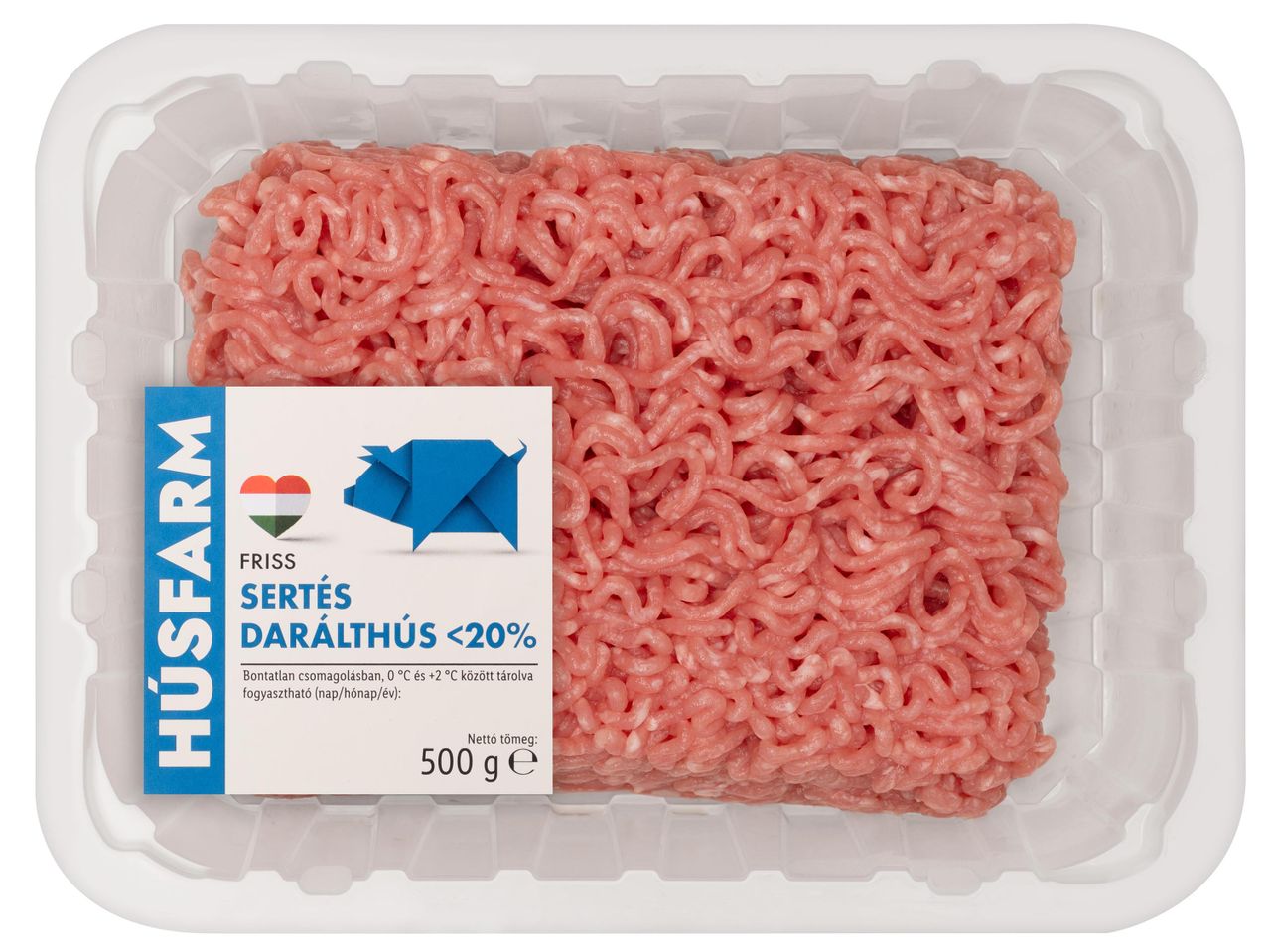 Csomagolt darált sertéshús, 500 g, kevesebb mint 20% zsírtartalommal.