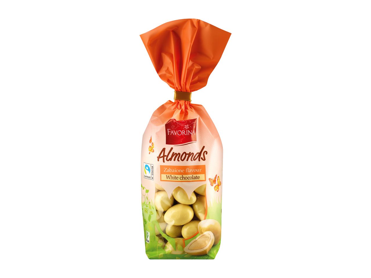 Bag of white chocolate-covered almonds with zabaglione flavor.