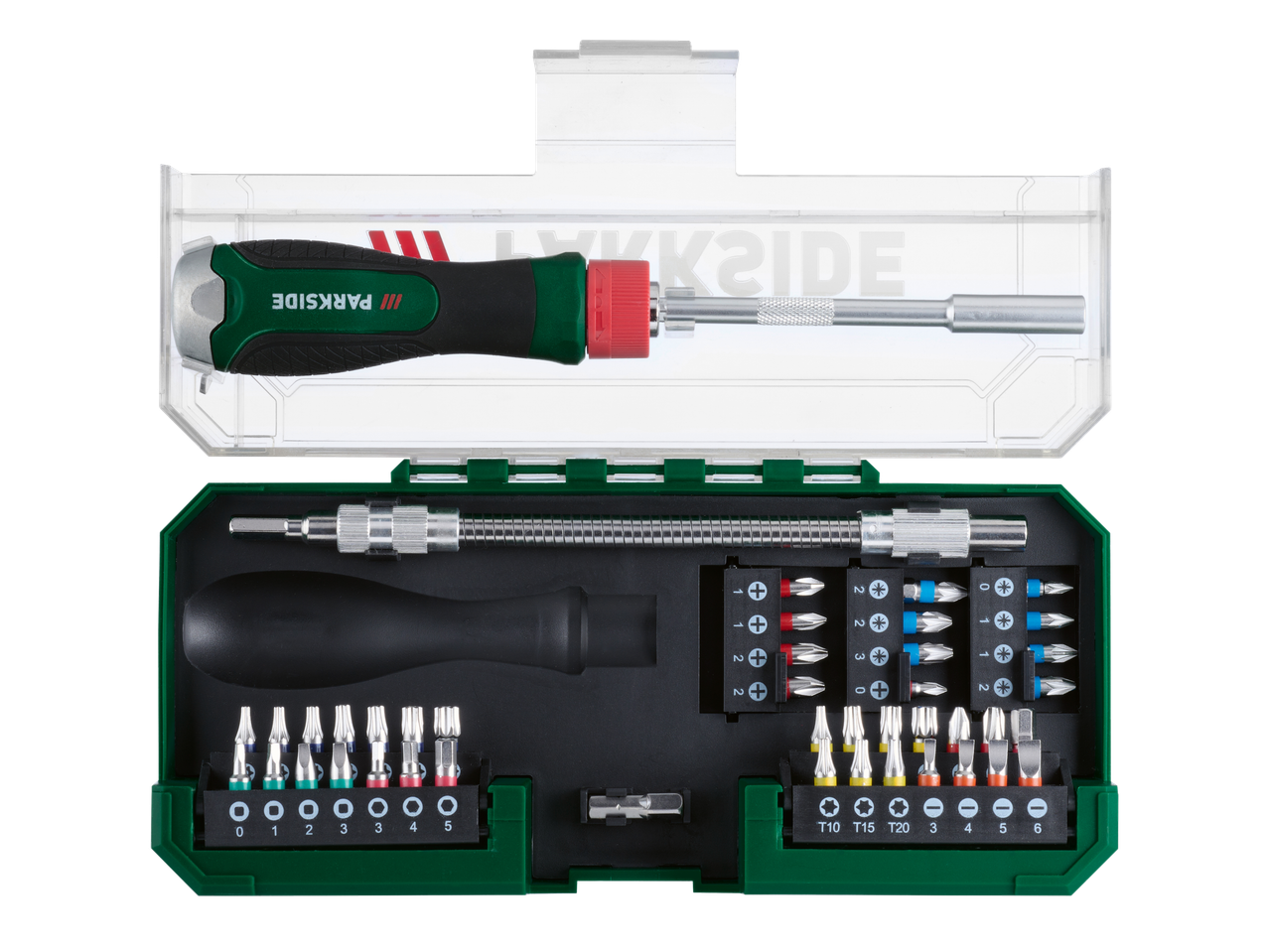 PARKSIDE atsuktuvų rinkinys su keičiamais antgaliais ir lanksčiu prailginimu atidarytoje dėžutėje.