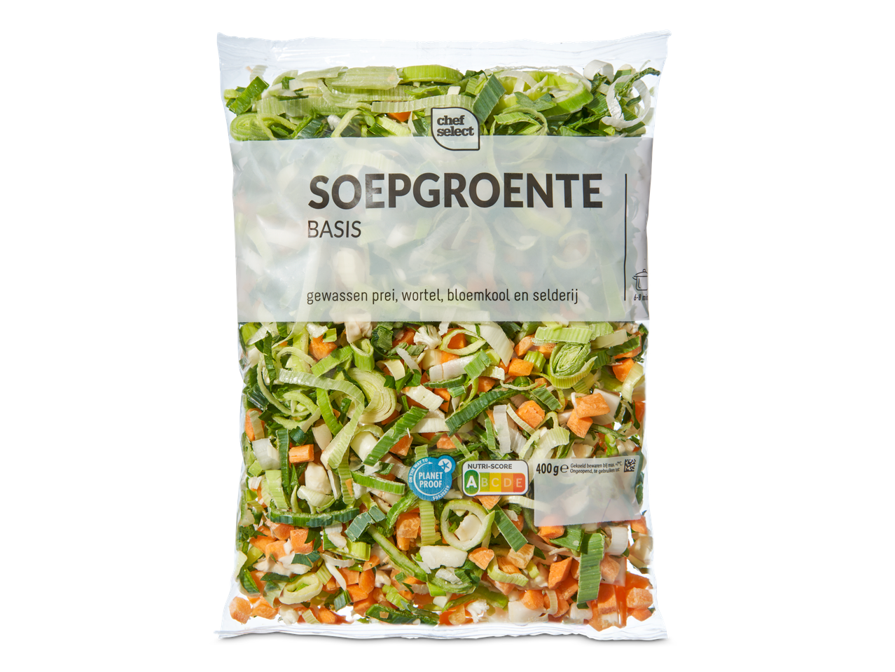 Chef Select soepgroenten: 400g zak met gewassen prei, wortelen, bloemkool en selderij.