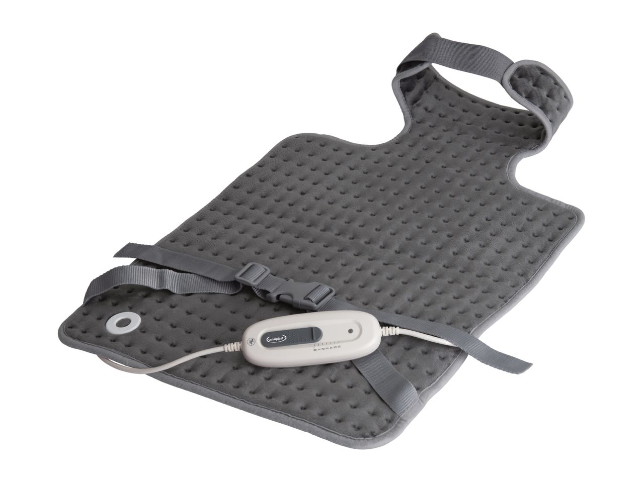 A gray heating pad with straps and a white control unit.