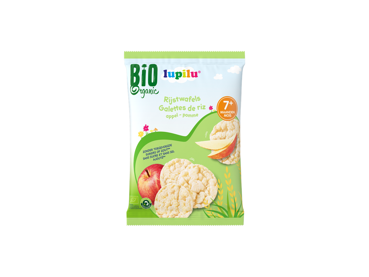 Galettes de riz bio Lupilu à la pomme, adaptées aux bébés de 7 mois et plus.