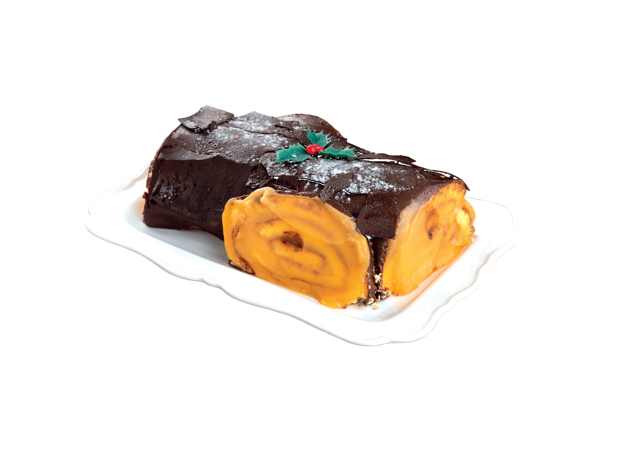 Deluxe Tronco de Natal: bolo de chocolate com recheio cremoso, polvilhado com açúcar.