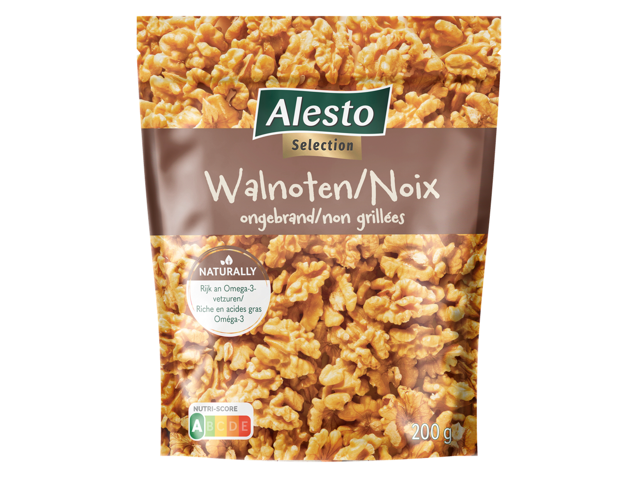 Alesto Selection noix, non grillées, riches en Oméga-3, paquet de 200g avec Nutri-Score A.