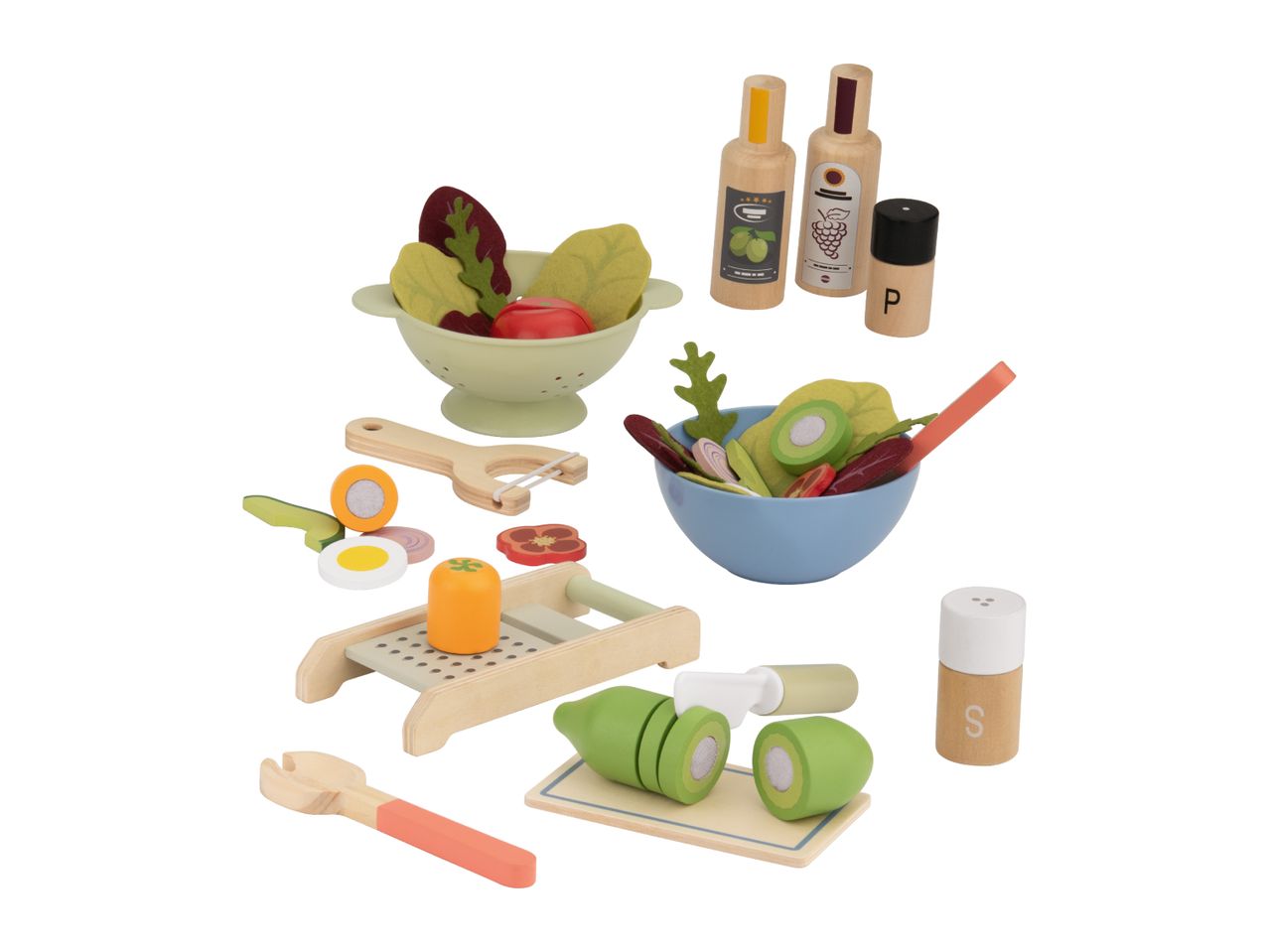 Wooden toy salad set with colander, bowl, vegetables, grater, peeler, oil, vinegar, salt, and pepper shakers.