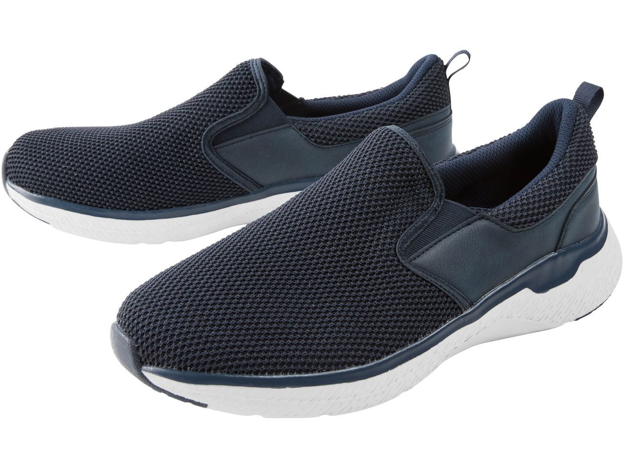 Due scarpe slip-on blu scuro con suole bianche