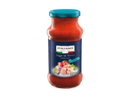 Bocal de sauce tomate au thon, ail et persil, avec une étiquette bleue.