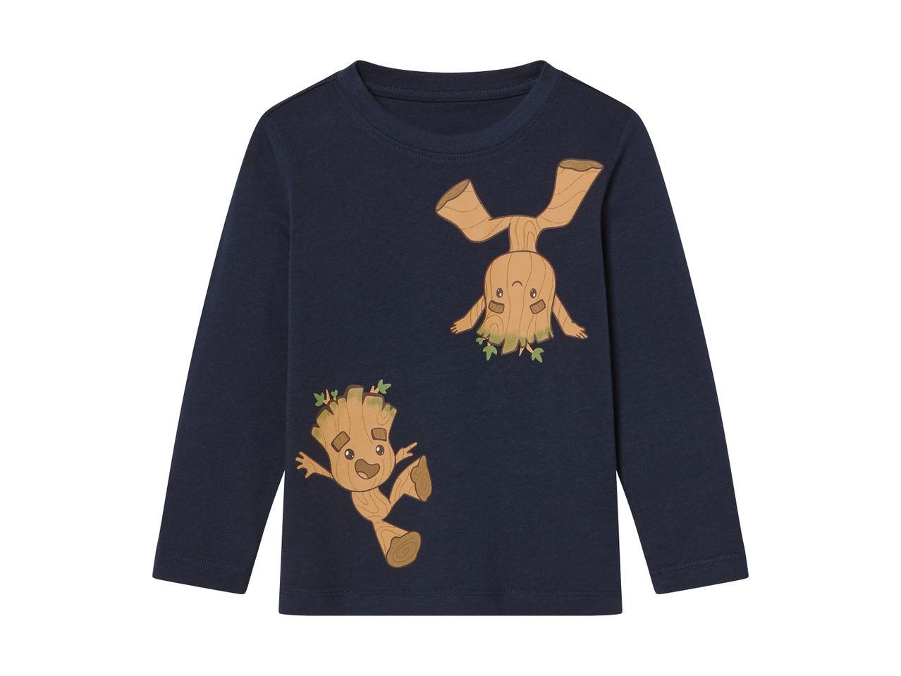 En mørkeblå børne-langærmet t-shirt med sjove træfigurer.