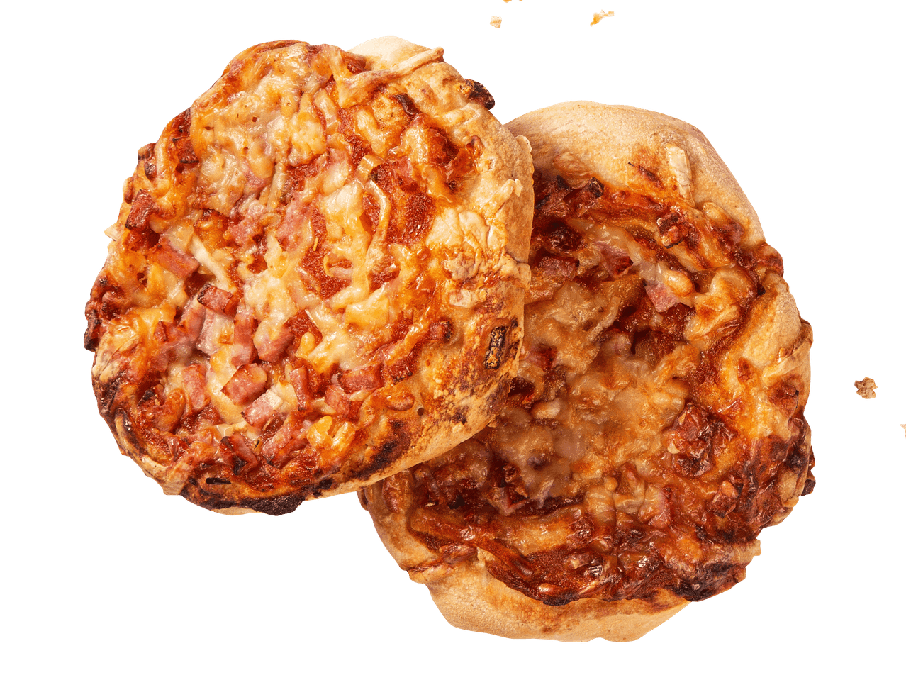 Kaksi pientä, pyöreää pizzaa, joissa on juustoa ja kinkkua.