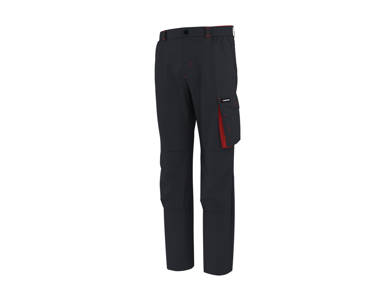 Calças de trabalho masculinas PARKSIDE® em cinzento escuro com detalhes vermelhos e bolsos cargo.