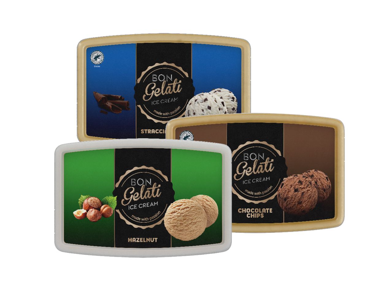 Tre vaschette di gelato Bon Gelati ai gusti Stracciatella, Cioccolato e Nocciola.