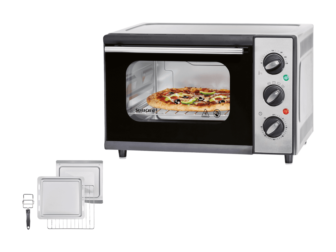 Ein kompakter schwarz-silberner Elektroofen mit einer Pizza darin und Backzubehör.