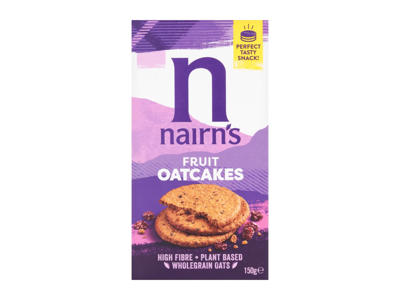 Fruit oatcakes with a bite taken out of one, highlighting high fibre and plant-based wholegrain oats.