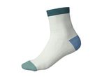 White sock with a teal cuff and toe, and a blue heel.