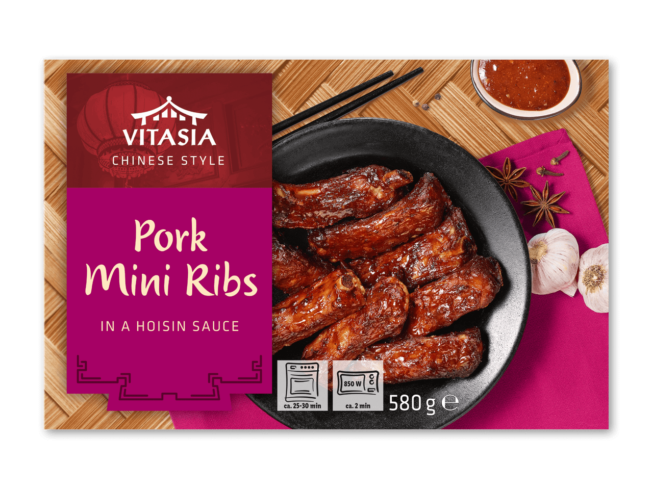 Svinekød mini ribben i hoisinsauce, kinesisk stil, med tilberedningsinstruktioner og vægt.