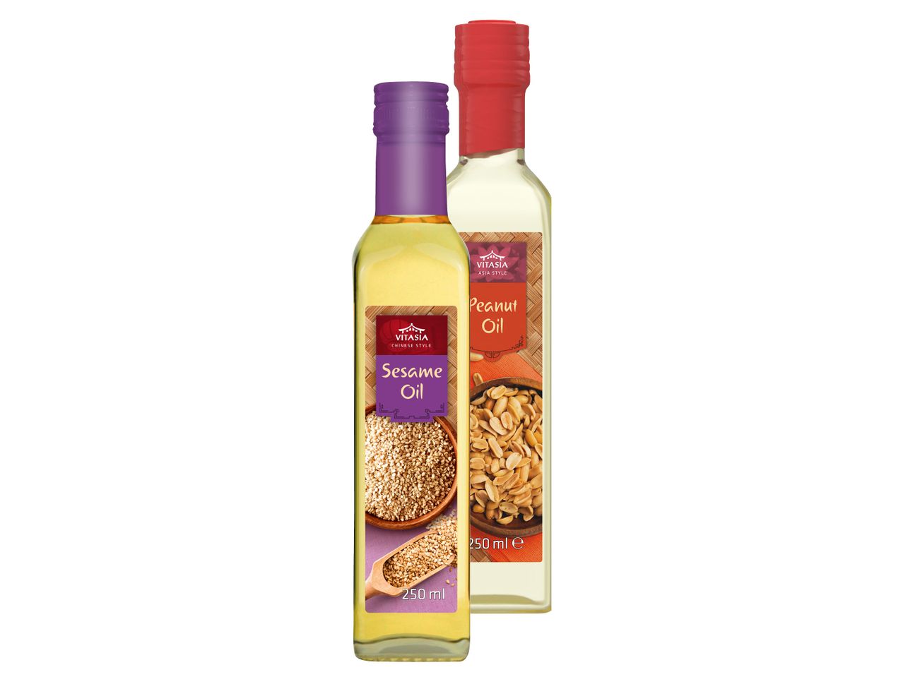 Dvě lahvičky oleje Vitasia: sezamový a arašídový, 250 ml.
