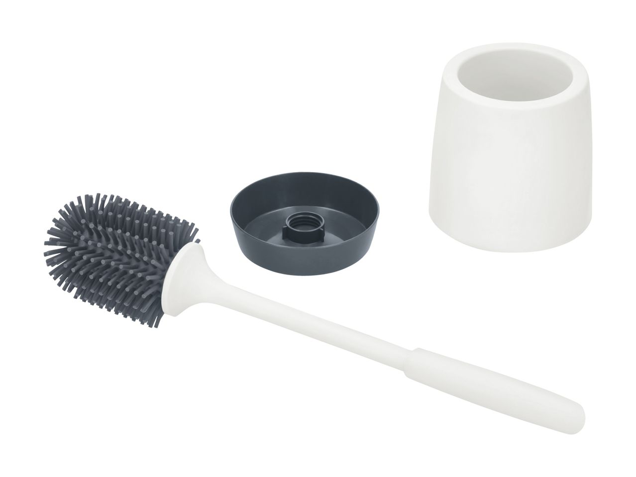 Toilet brush with silicone bristles, a white handle, and a dark grey base and holder.