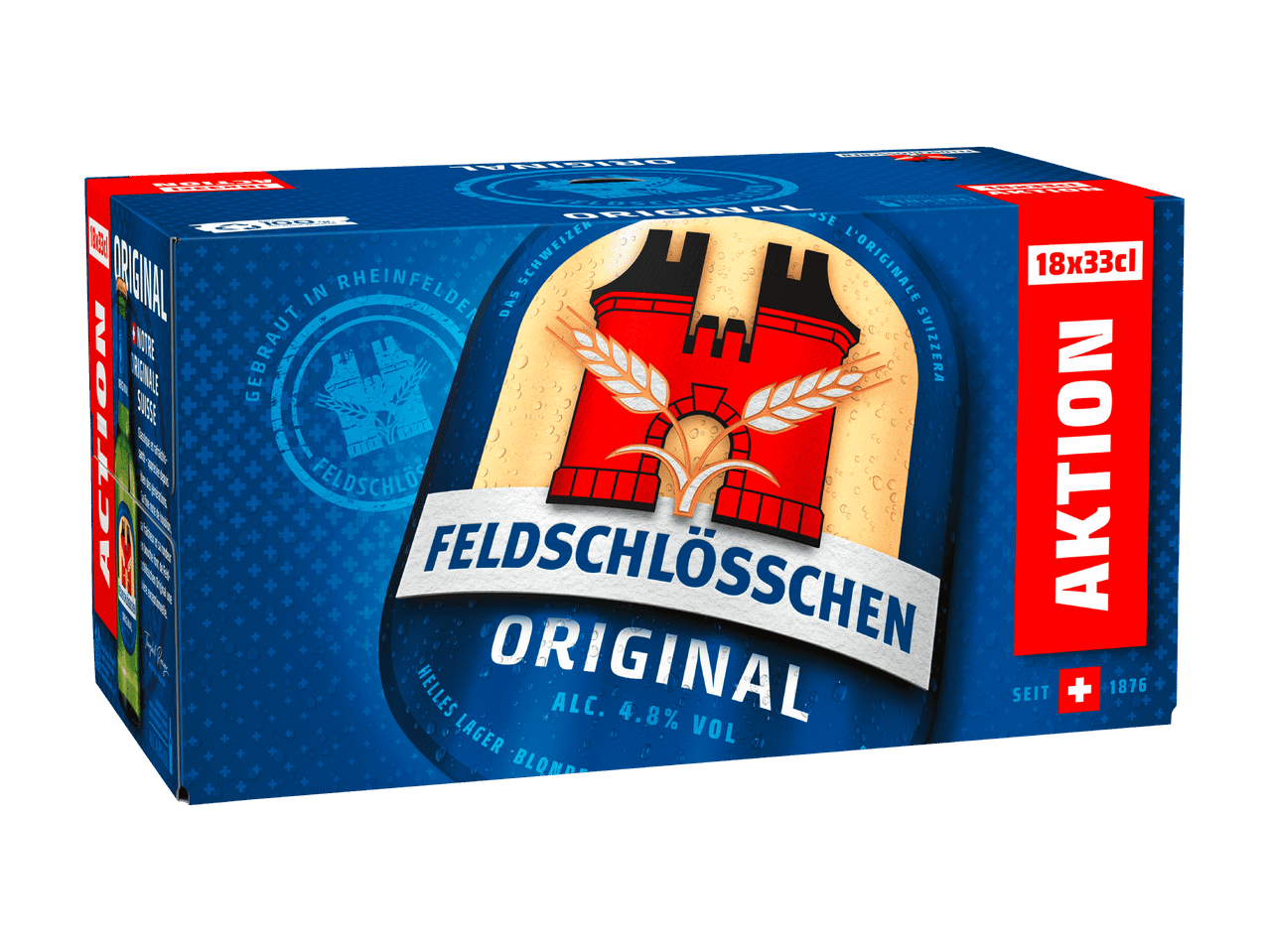 Ein 18x33cl Pack helles Lagerbier, mit einem roten Schloss und Weizenähren.